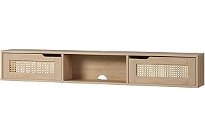 Walker Edison Modern Rattan Flip-Down-Door Wall-Mounted Floating Stand for TVs up to 65 Inche, 58 Inch, Coastal Oak