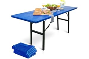 LINPRO 5Pk Plastic Table Cloths Disposable for Parties 8ft Picnic Table Covers with Elastic Fitted Camping Tablecloth Elastic Table Cover Rectangle Blue Tablecloth Waterproof Outdoor & Folding Tables