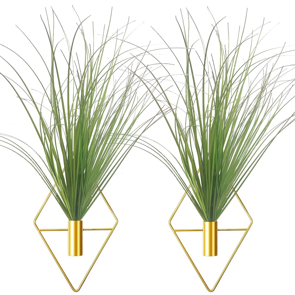 Photo 1 of Hanging Planters with Artificial Plants, 2pcs Diamond Shape Metal Hanging Vase with Artificial Shrubs Wheat Grass Greenery Indoor Plants Holder Wall Decor for Home Living Room Bedroom Office (Gold)