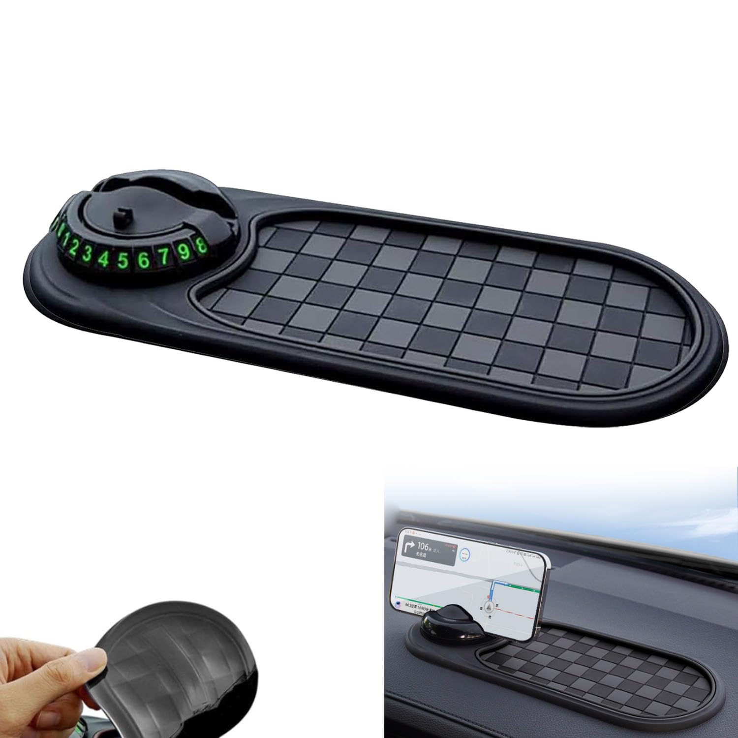Photo 1 of Multifunction Car Anti-Slip Mat Auto Phone Holder, Car Anti Slip Mat Phone Holder, Rotatable Anti Skid Car Dashboard Pad with Temporary Parking Numbe(1PCS - Black and White)