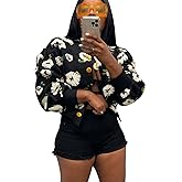 BQDCQB Womens Cropped Floral Print Jacket Warm Fleece Bomber Jacket Casual Button Down Coats Fall Puff Outerwears