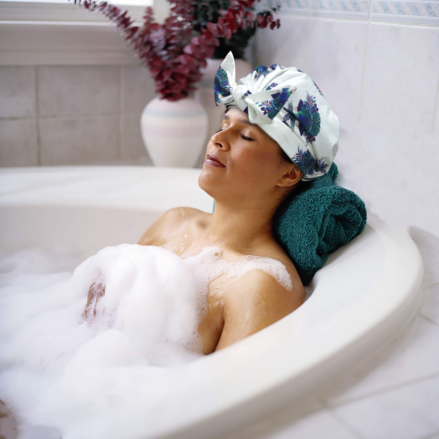 Shower Cap for Women, Reusable Waterproof Shower Caps with Adjustable Shape Forehead Knot Strap, Elasticized Hem Shower Hair Cap, Oversized for All Hair Lengths(Botanical Leaves Pattern Printed) : Beauty