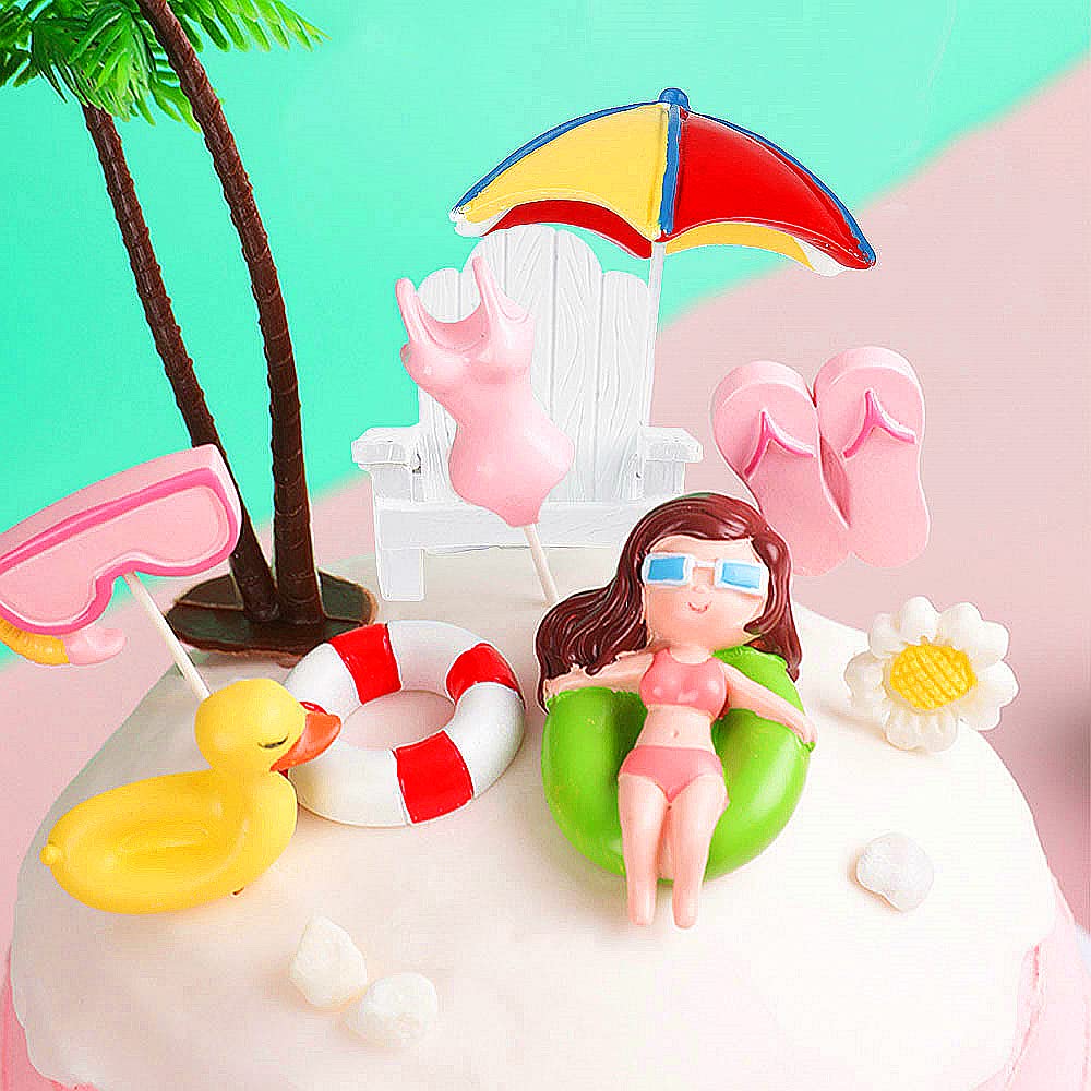 Photo 1 of Pink Cake Decoration Beach Cake Toppers Summer Birthday Party Supplies Beach Party Supplies Swimming Pool Party Supplies