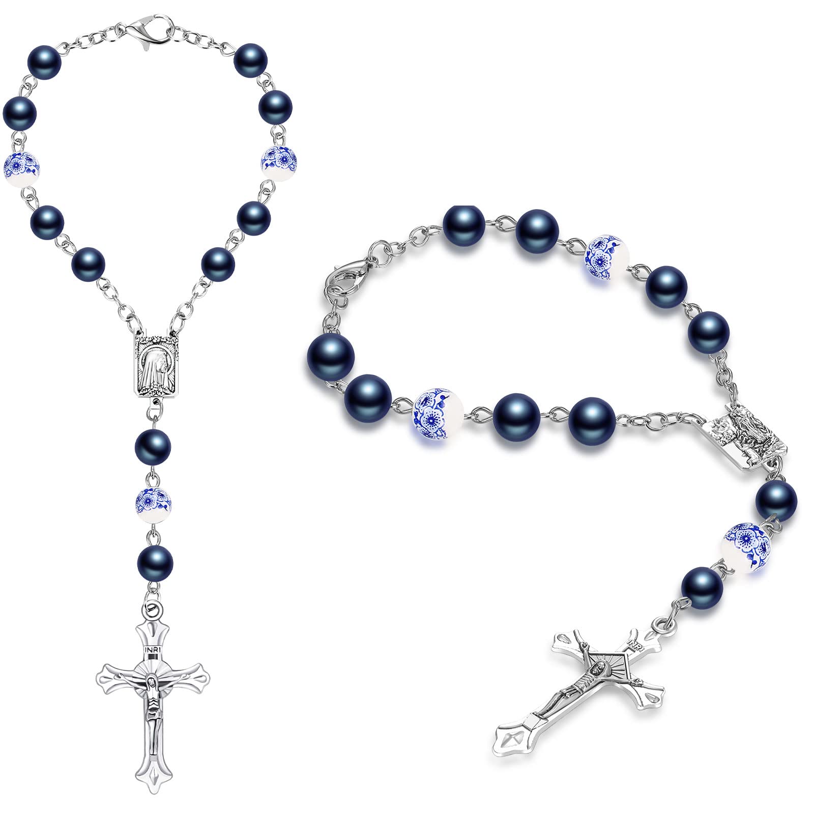 Photo 1 of Konohan 2 Pieces Car Rosary Rearview Mirror Auto Rosary Religious Car Mirror Hanging Accessories for Automotive Personalized Protection Charm for Auto Decors(Ceramic,Blue)