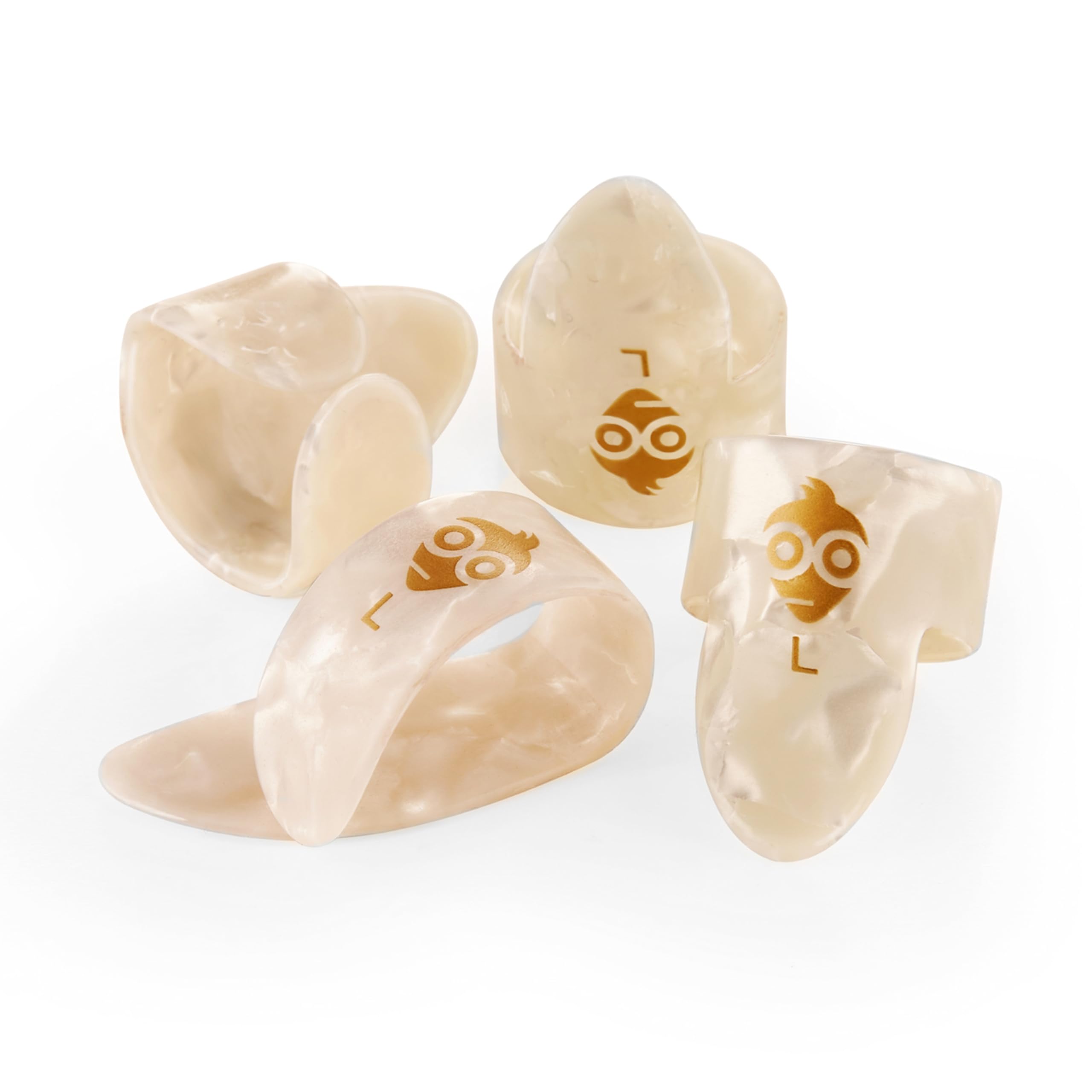Geek Finger & Thumb Pick Set - Celluloid Picks (1 Thumb, 3 Fingers), Large Size, White Pearl Colour, Includes Draw-String Bag