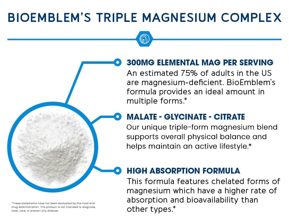 BioEmblem Triple Magnesium Complex | 300mg Magnesium Glycinate, Malate & Citrate | High Absorption Chelated Formula | Vegan, Non-GMO, Gluten-Free | 90 Capsules