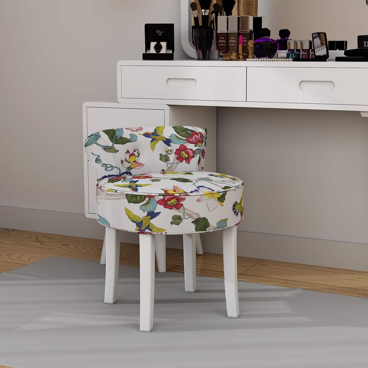 Vanimeu Vanity Dressing Table Chair Ergonomics Bedroom Velvet Fabric Makeup Table Stool For Bedroom Furniture Wooden Legs High Back/Low Back (White peony+PW)