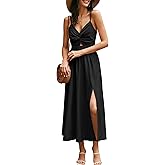 Kikibell Women Summer Sexy V Neck Spaghetti Strap Midi Dresses Tie Backless Slit Flowy Boho Beach Long Dress with Pockets