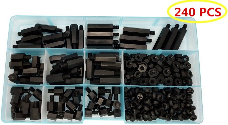 Guard4U 240pcs M4 Nylon Black Hex Male to Female Spacer Standoff Screw/Nut Assorted Kit(8-size)