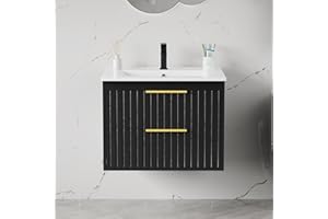 Buytime 24" Bathroom Vanity with Sink, Floating Vanity Bathroom Sink Cabinet Wall Mount, Soft-Close Function 2 Large Drawers, Grooved Stripe Design, Hidden Damping Drawers, Black