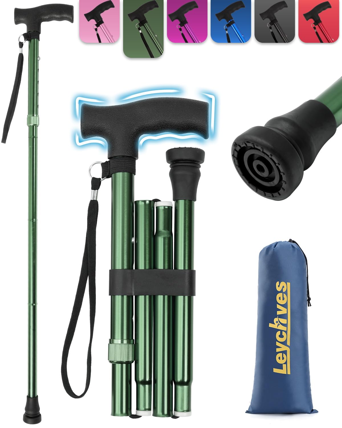 Walking Stick for Women, Adjustable Folding Walking Sticks for 5.2FT-6.1FT Ladies, 5-Section Different Size Collapsible Cane for Elderly