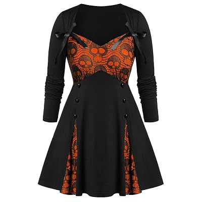 ONLY TOP Women Halloween Skull Tunic Tops Plus Size Long Sleeve Sweetheart Lace Swing Pullover Tops Blouse