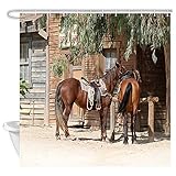 DYNH Horse Shower Curtain, Rustic Farm Animals in Traditional American Western Town Scenery Bath Curtain, Rustic Wooden Farmhouse Shower Curtain for Bathroom 12PCS Hooks, Bathtub Curtain 69X70 in