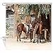 DYNH Horse Shower Curtain, Rustic Farm Animals in Traditional American Western Town Scenery Bath Curtain, Rustic Wooden Farmhouse Shower Curtain for Bathroom 12PCS Hooks, Bathtub Curtain 69X70 in