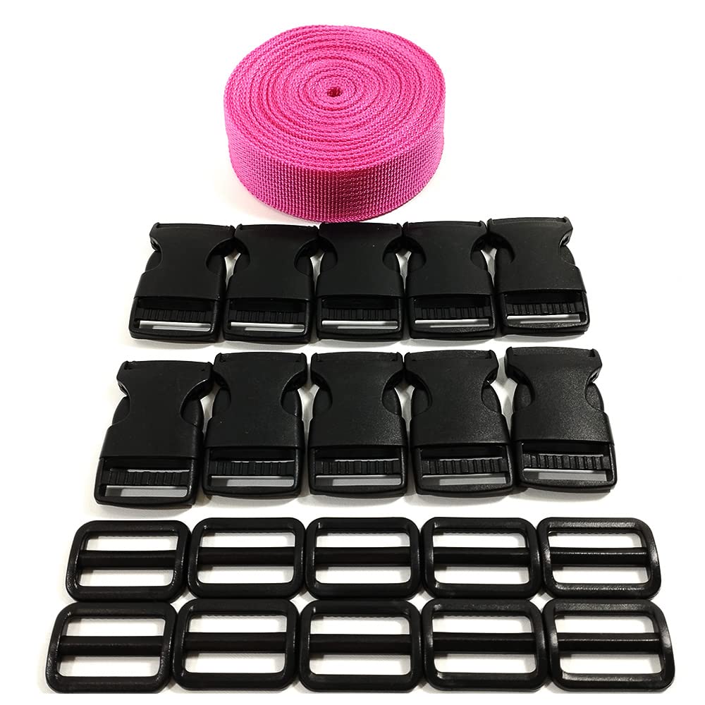 Backpack Strap (5 Meter x 50mm) + 20 Plastic Buckles Straps, Backpack Ribbon for Sewing and DIY Bags and Suitcase Luggage Straps, Pink Strap, (50 MMX 5m, 144)