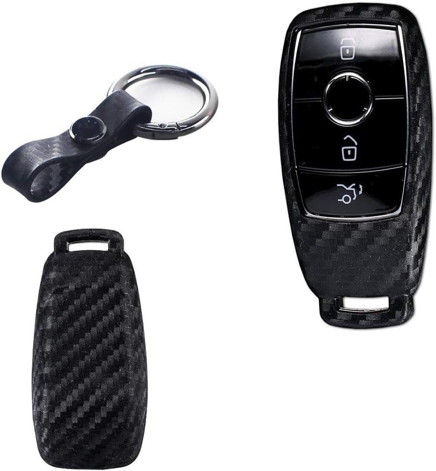 TurningMax Keyless Entry Remote Case Key Fob Cover Carbon Fiber Looks Style Soft Silicone Holder Shell with Key Chain for Mercedes Benz E Class, 2018 up S Class, 2017 2018 W213, etc