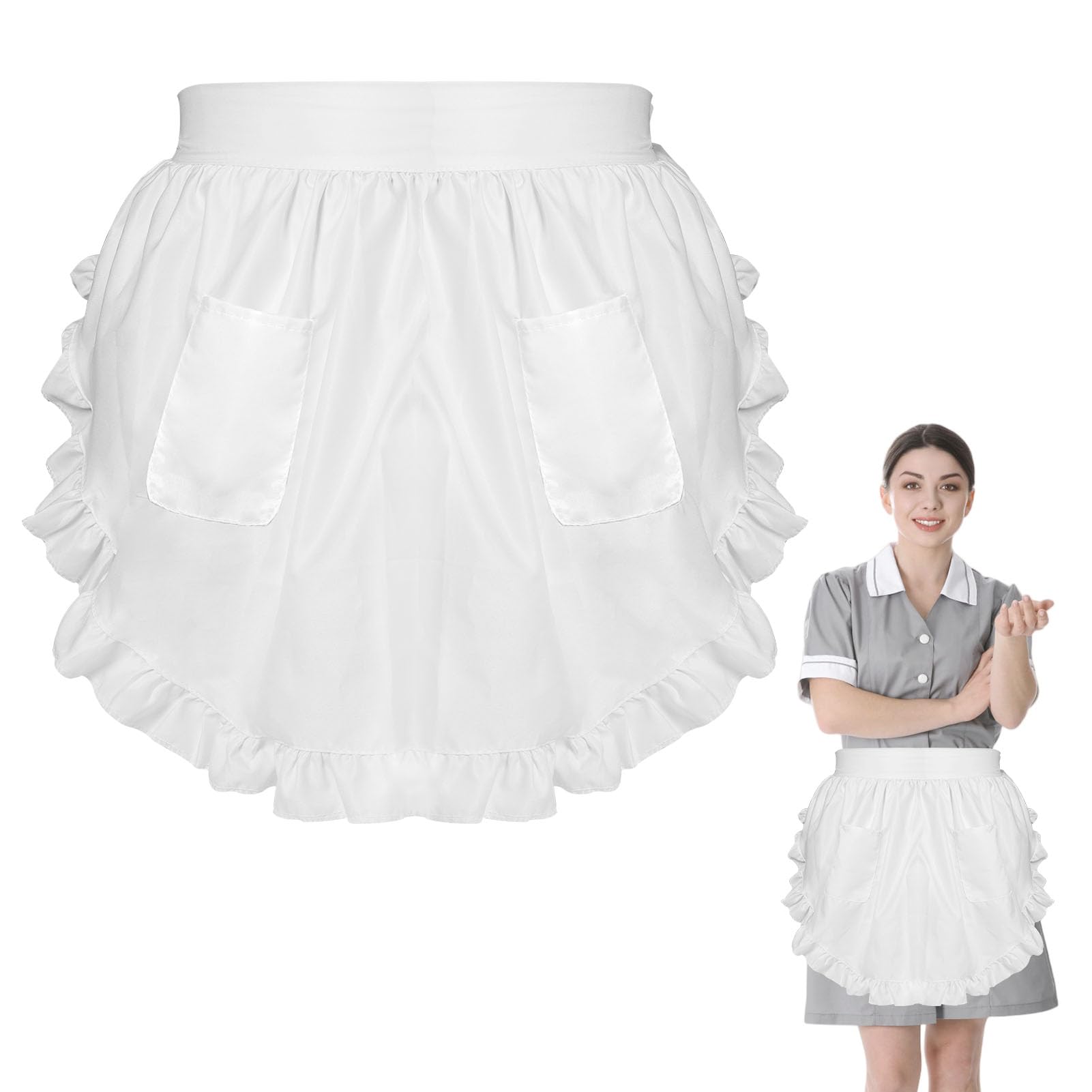 QTMMC Half White Apron 2 Pockets Frilly Waitress Apron for Women Ruffle Maid Apron Cosplay Waist Victorian Apron for Kitchen Cooking Restaurant Coffee Shop Party Costumes Dress Accessory