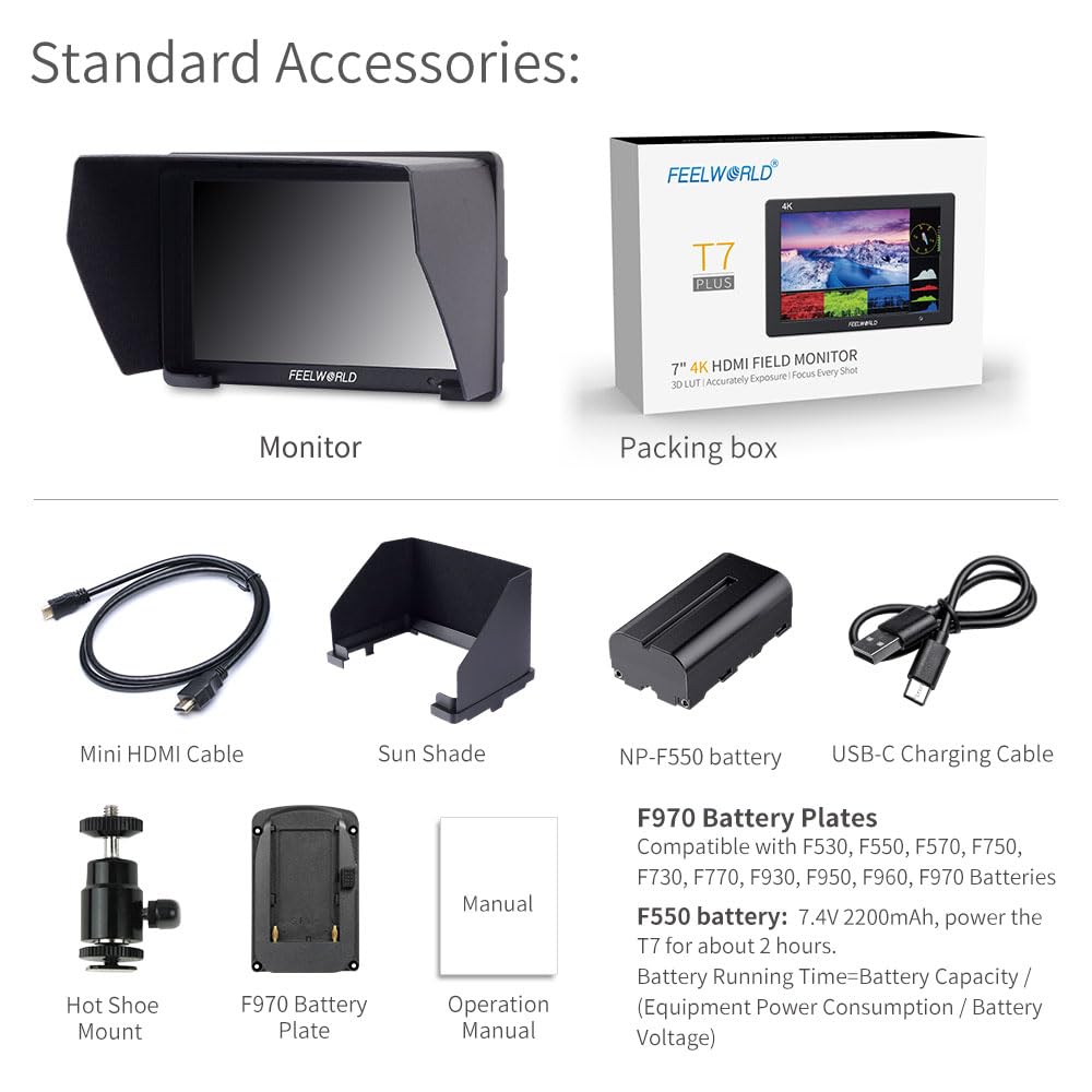 FEELWORLD T7 7 Inch DSLR Camera Field Monitor with F550 2200mAh Battery, with Histogram Peaking Focus False Colors 4K HDMI Input Output Full HD 1920x1200 Solid Aluminum Housing