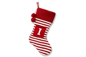 CRSMHLPK 20 Inches Initial Christmas Stocking Monogram Striped Christmas Stocking red Green with White Embroidered Letter Christmas decorations-01-I-Red