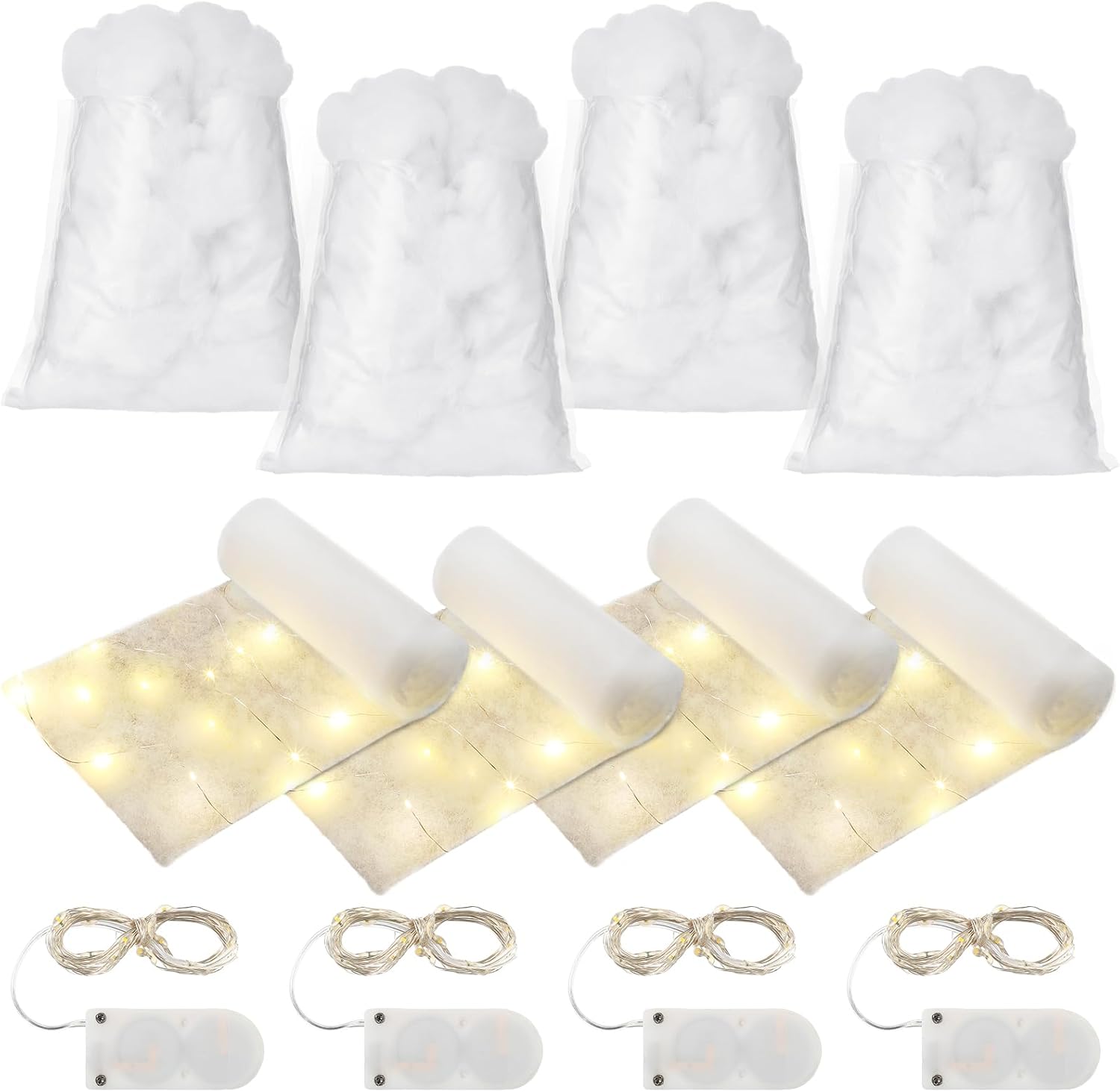 Artificial Snow - Tigeen 12 Pcs Christmas Fake Snow Decoration Including 4 Pcs Snow Blanket Roll, 4 Bags of Fluffy Fake Snow and 4 Strings of LED Lights for Winter Christmas Tree Decoration Village Displays