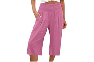MaMiDay High Waisted Capri Pants for Women Linen Trendy Wide Leg Summer Capris Loose Comfy Casual Palazzo Pants with Pockets