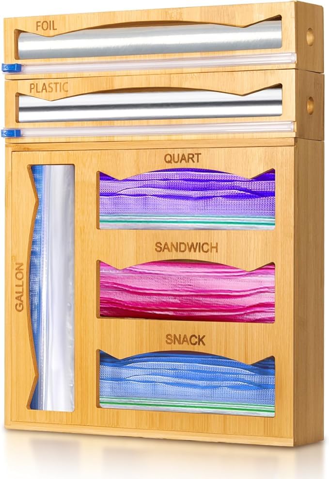 Photo 1 of ***(MISSING PARTS/ SEE NOTES FOR DETAILS)***WHOMASS 6-in-1 Magnetic Bamboo Drawer Organizer for Food Bags and Wraps Adjustable Compartment Storage with Dispenser and Cutter Fits Gallon Quart Sandwich and Snack Sizes