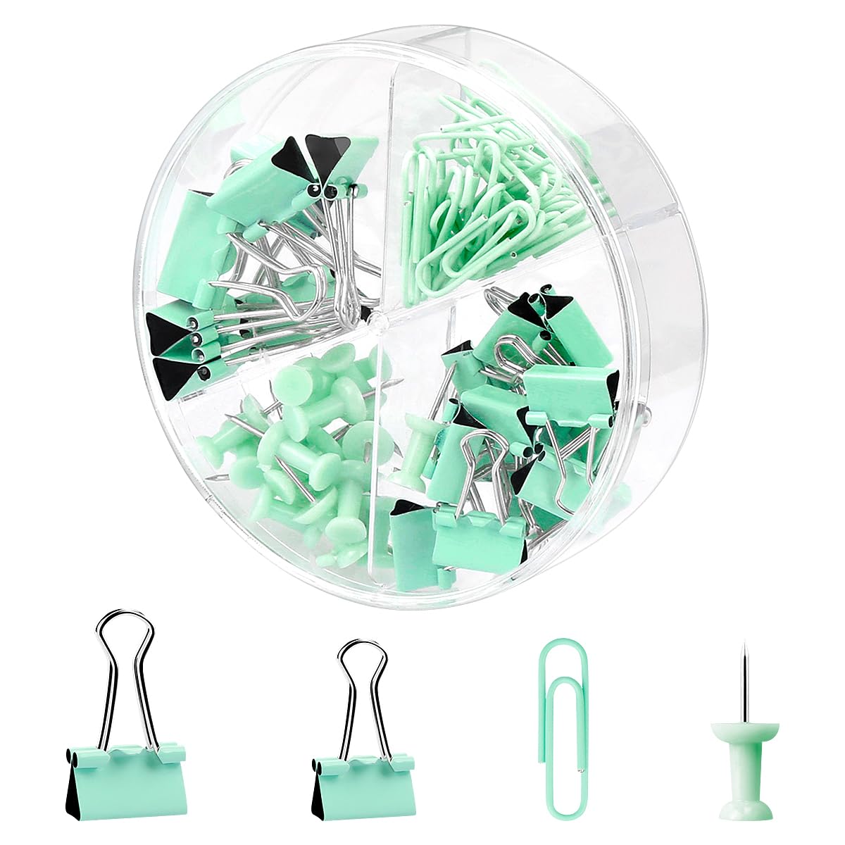 Jagowa 72PCS Binder Clips Set, Paper Clips, Push Pins, Bulldog Clips with Storage Box, Desk Accessories Organizer for Home School Office Supplies (Green)