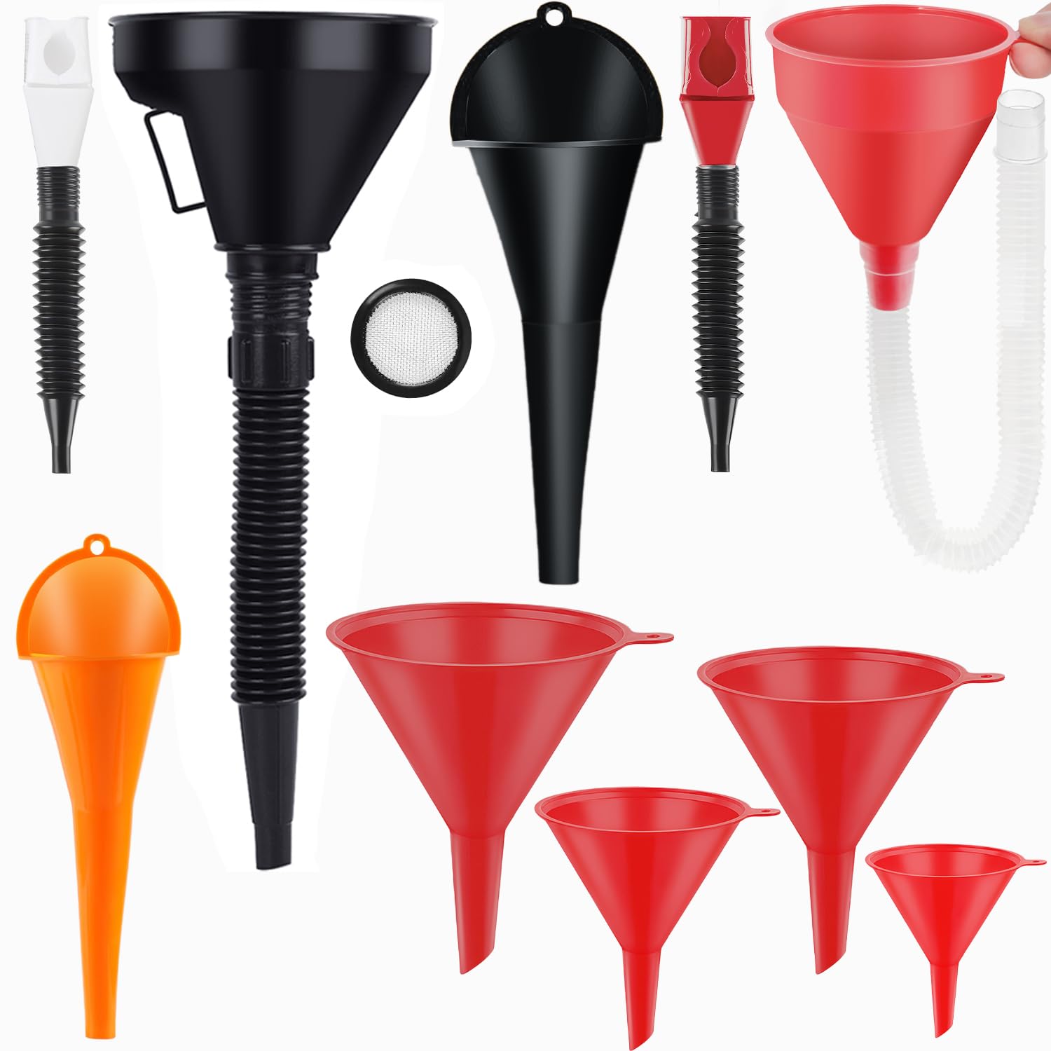 Photo 1 of ?10Pcs Automotive Plastic Oil Funnel Set?, Large Wide Mouth Long Neck Flexible Fuel Funnel with Removable Filter and Handle for Filling Oil/Water/Coolant/Gasoline