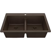 Karran 33-Inch Brown Granite Composite Drop-In Double Bowl Kitchen Sink | 80% Natural Quartz Composite, Top Mount 50/50 Bowls, 6-Inch Low Divider, 9-Inch Deep Basins &amp; Sound Dampening