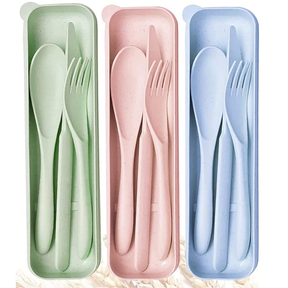 Travel Cutlery Set, 3 Pack Reusable Plastic Forks & Spoons, Portable Camping Cutlery for Adult Travel, Picnic, Camping or Daily Use (Blue, Green, Pink)