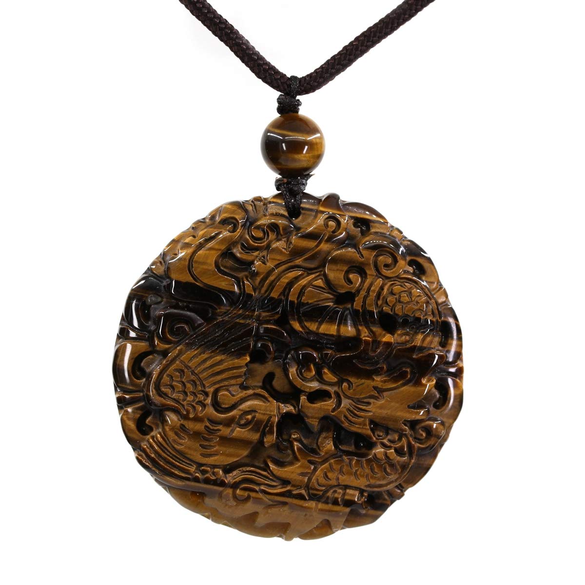 CHENYUE Natural Golden Tiger Eye Semi Precious Gemstone Dragon Phoenix Amulet Charm Pendant Necklace 24 Inch