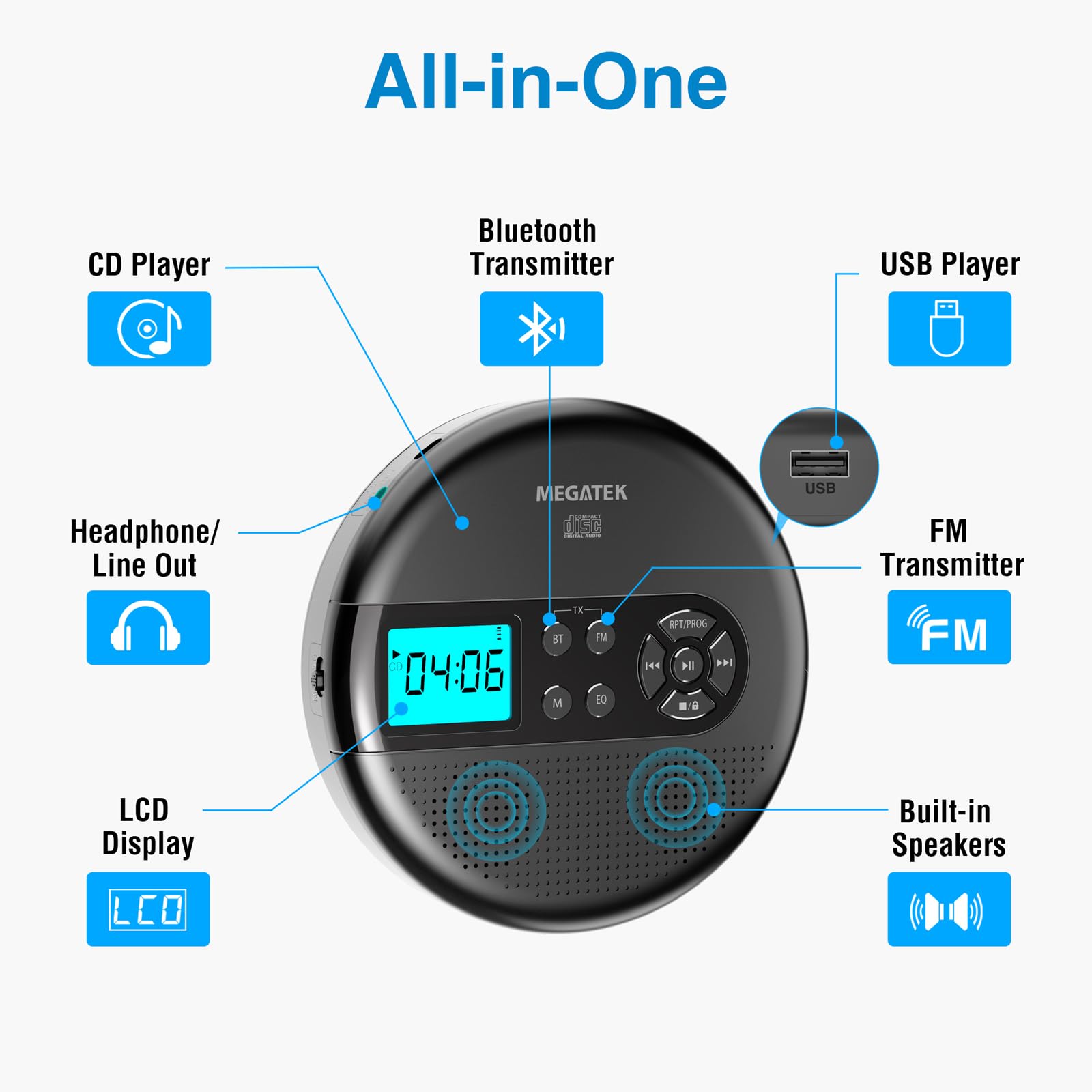 MEGATEK CP27BR Portable CD Player Bluetooth for Car with FM Transmitter, USB, AUX, LCD Display, Anti-Skip, Stereo Speakers, Headphones & Rechargeable Battery – Black