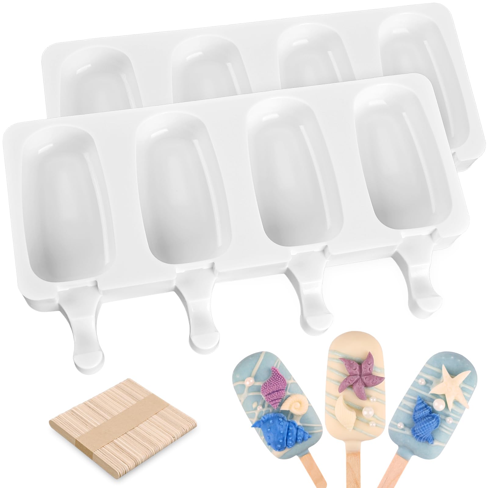 Photo 1 of Sakolla 2 Pack Silicone Popsicle Molds, Larg Oval 4 Cavities Homemade Ice Pop Molds with 50 Wooden Sticks for Ice Cream, Cakesicles, Cake Pop (White)