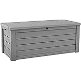 Keter Westwood 150 Gallon Resin Large Outdoor Storage Box for Patio Furniture, Outdoor Cushions, Garden Tools and Pool Floats, Light Grey