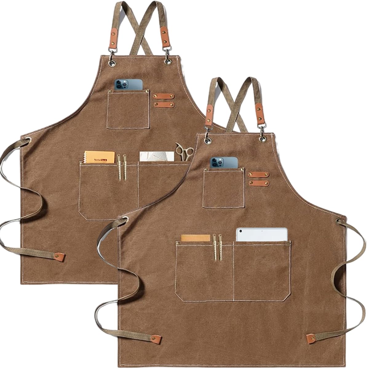 Canvas Kitchen Apron (2 Pieces), Work Apron with 3 Pockets Adjustable Strap Professional Waterproof Barbecue Apron for Men Women for Barber Kitchen Gardener, brown, 120 cm