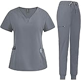 niaahinn Scrub Suit Set for Women Modern V-neck Top & Tapered Leg Jogger Pants with Drawstring Medical Nursing Uniforms Set