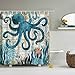 Ezlif Turquoise Octopus and Coral Seaweed Map Home Decor Shower Curtain, 70” x 70” Polyester Waterproof Bathroom Shower Curtains Liner with 12 Rust Proof Hooks