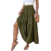 TuoGo Women's Smocked High Waist Maxi Skirt Casual Boho Long Skirts with Pockets