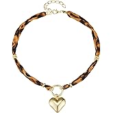 Dr's gift Leopard Scarf Necklace with Charm for Women,Brown Vintage Bandana Necklace,Chunky 14K Gold Plated Heart Pendant,Leopard Print Statement Necklace