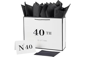 Jaywayang 40th Birthday White and Black Large Gift Bag with Card and Tissue Paper, Metallic Printing Keepsake Gift Vintage Bag for Men Women,