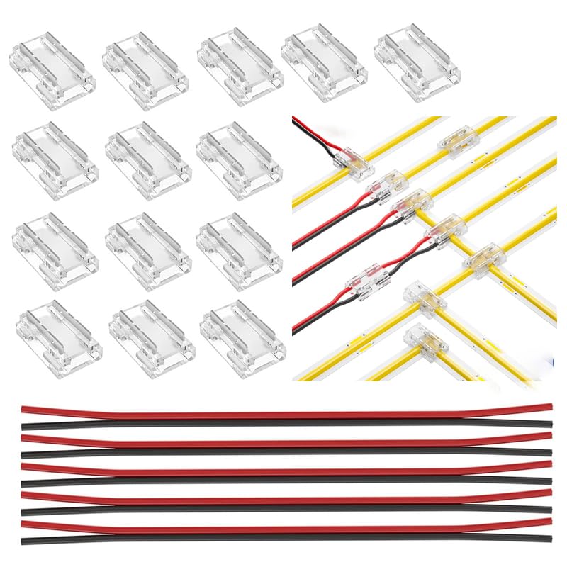 TOKERU 14-Pack 10mm LED Strip Connectors, 2-Pin Solderless Kit with 4 x 15cm 22AWG Wires, Transparent 9-in-1 Design for FCOB & Select SMD Strips – Quick, Seamless Installation