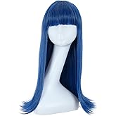 karlery Women Adult Long Straight Blue Wig with Bangs Halloween Cosplay Party Costume Wig