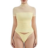 SUUKSESS Women Sexy Mesh Sheer Short Sleeve Tops Mock Neck Ruched Going Out Shirts