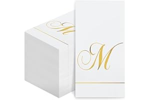 Pasimy 100 Pcs Initial Napkins Monogram Guest Napkins Gold Letter Paper Towels Disposable Elegant Dinner Towels for Wedding Bridal Shower Holiday Birthday Party Tableware Decor(M Letter)