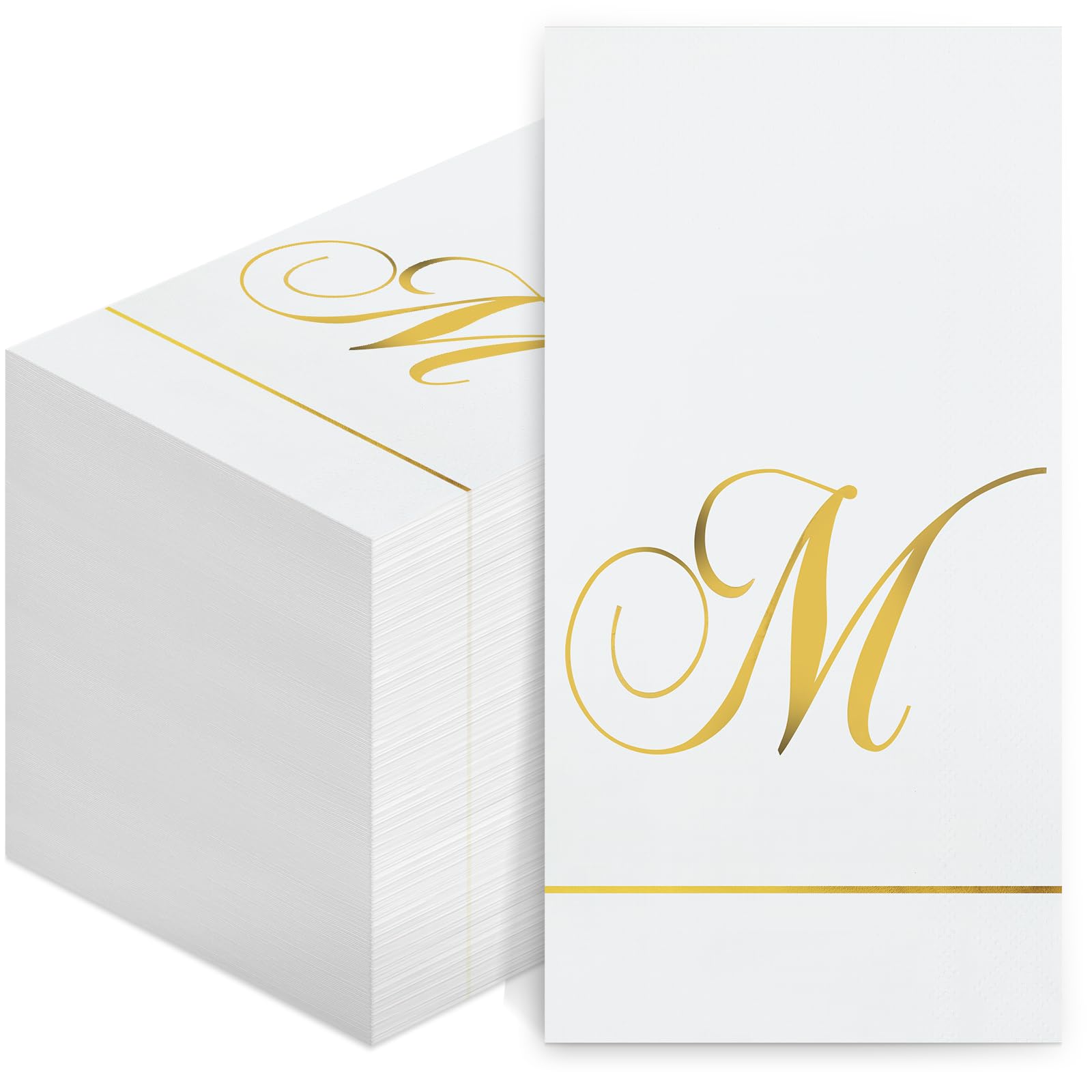 Photo 1 of Pasimy 100 Pcs Initial Napkins Monogram Guest Napkins Gold Letter Paper Towels Disposable Elegant Dinner Towels for Wedding Bridal Shower Holiday Birthday Party Tableware Decor(M Letter)