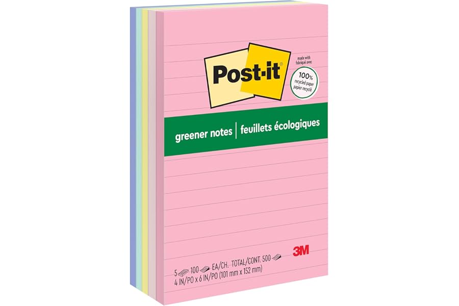 Post-it Greener Notes, 5 Lined Sticky Note Pads, 4 x 6 in., Made with 100% Recycled Paper, Sweet Sprinkles Collection