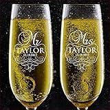 Set of 2, Personalized Wedding Toast Champagne Flutes - Mr. Mrs. Date & Last Name Champagne Wedding Glasses - Engraved Flutes for Bride and Groom Gift for Customized Wedding Gift