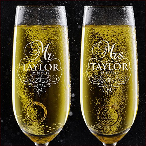 Set of 2, Personalized Wedding Toast Champagne Flutes - Mr. Mrs. Date & Last Name Champagne Wedding Glasses - Engraved Flutes for Bride and Groom Gift for Customized Wedding Gift