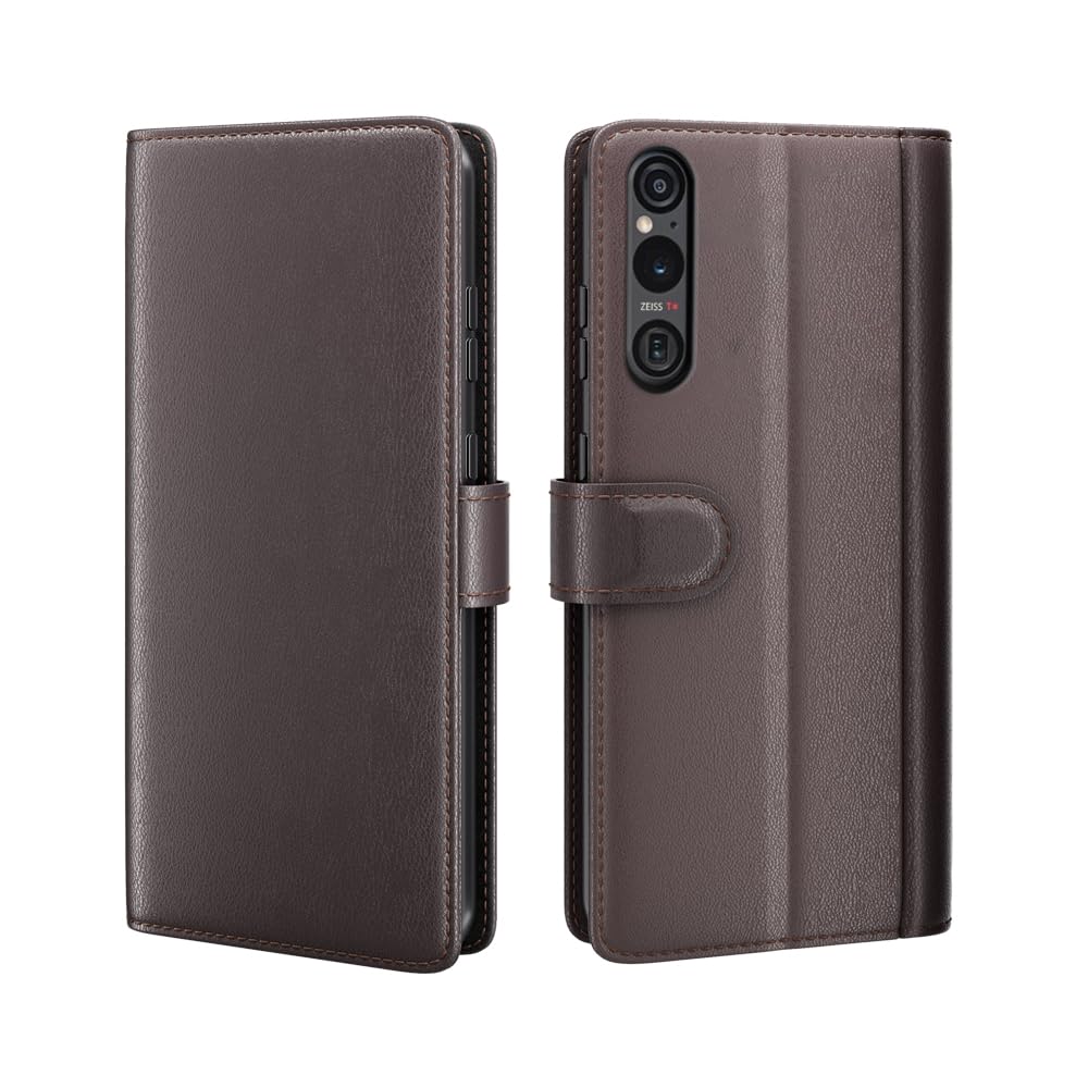 COQUE case for Sony Xperia 1 VI Shell,Real Cowhide Flip Cover with Card Slot Leather Case for Sony Xperia 1 VI-Brown