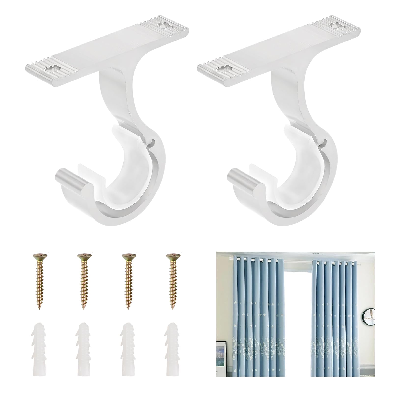2PCS Curtain Pole Brackets, Adjustable Curtain Rod Holder ​for 20-28mm Rods, Heavy Duty Curtain Pole Bracket Aluminum Alloy, Ceiling Hanging Drapery Rod Holder for Curtain or Wardrobe